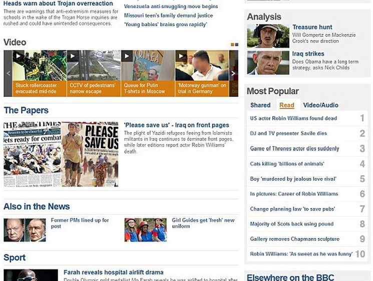 The BBC website, pictured, featured news of Mr Williams' tragic death followed by the Savile announcement