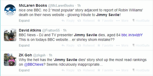 Many social media users questioned whether the BBC should have acted to stop a tribute piece to Jimmy Savile from ranking beside stories concerning Robin Williams' tragic death in California yesterday Read more: http://www.dailymail.co.uk/news/article-2722812/Fury-bungling-BBC-tributes-Jimmy-Savile-posted-alongside-website-reports-Robin-Williams-suicide.html#ixzz3ACh5BWVJ Follow us: @MailOnline on Twitter | DailyMail on Facebook