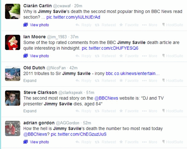 Social media users asked why the BBC was running the Savile death story so prominently on its website